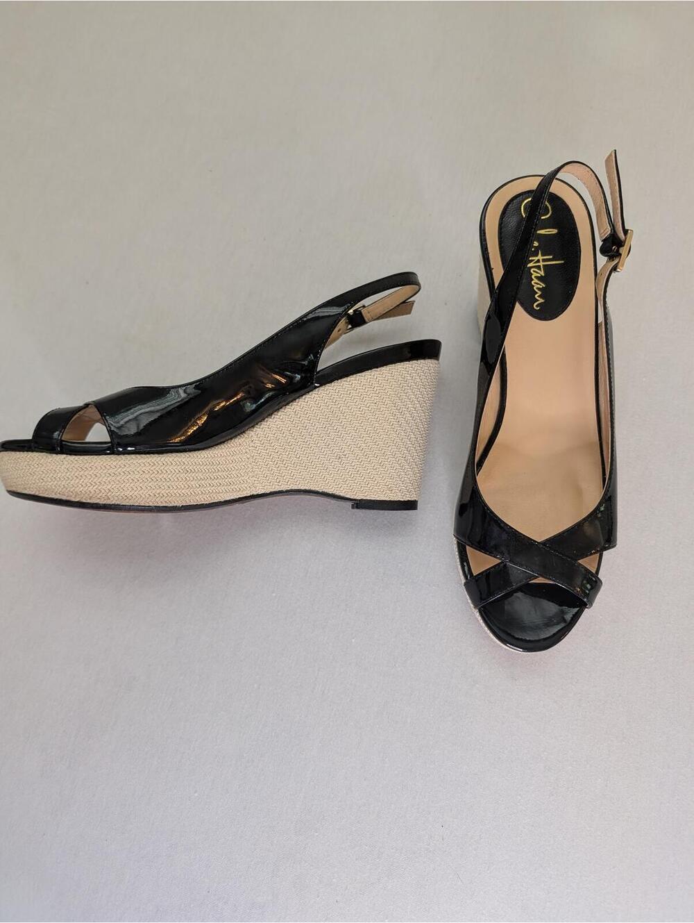 Cole Haan Black Patent Leather Wedge Sandals Size 6 - Picture 5 of 9